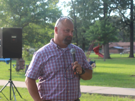 Arkansas County Sheriff Todd Wright speaks at the Stuttgart Unity Peace Rally, held in June, addressing racism and police accountability.